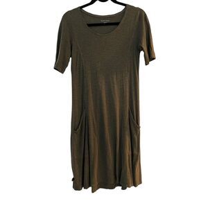 Eileen Fisher | Women's Pocketed Shift Midi Dress Olive Green XXS Organic, Hemp